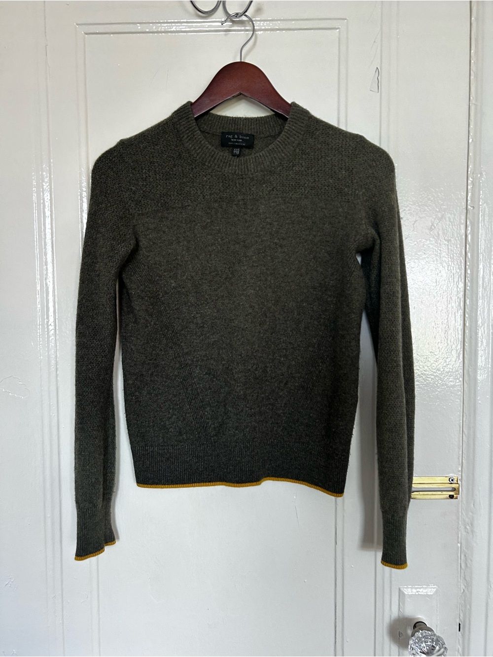 rag & bone Olive Crewneck Sweater with Yellow Trim